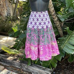 Blue plate, floral and patchwork cotton ruffled skirt